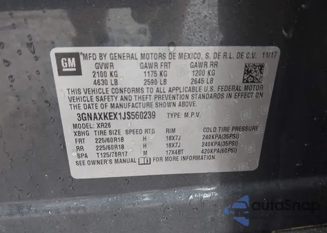 2018 Chevrolet Equinox Lt из США, поврежденный, VIN 3GNAXKEX1JS560239